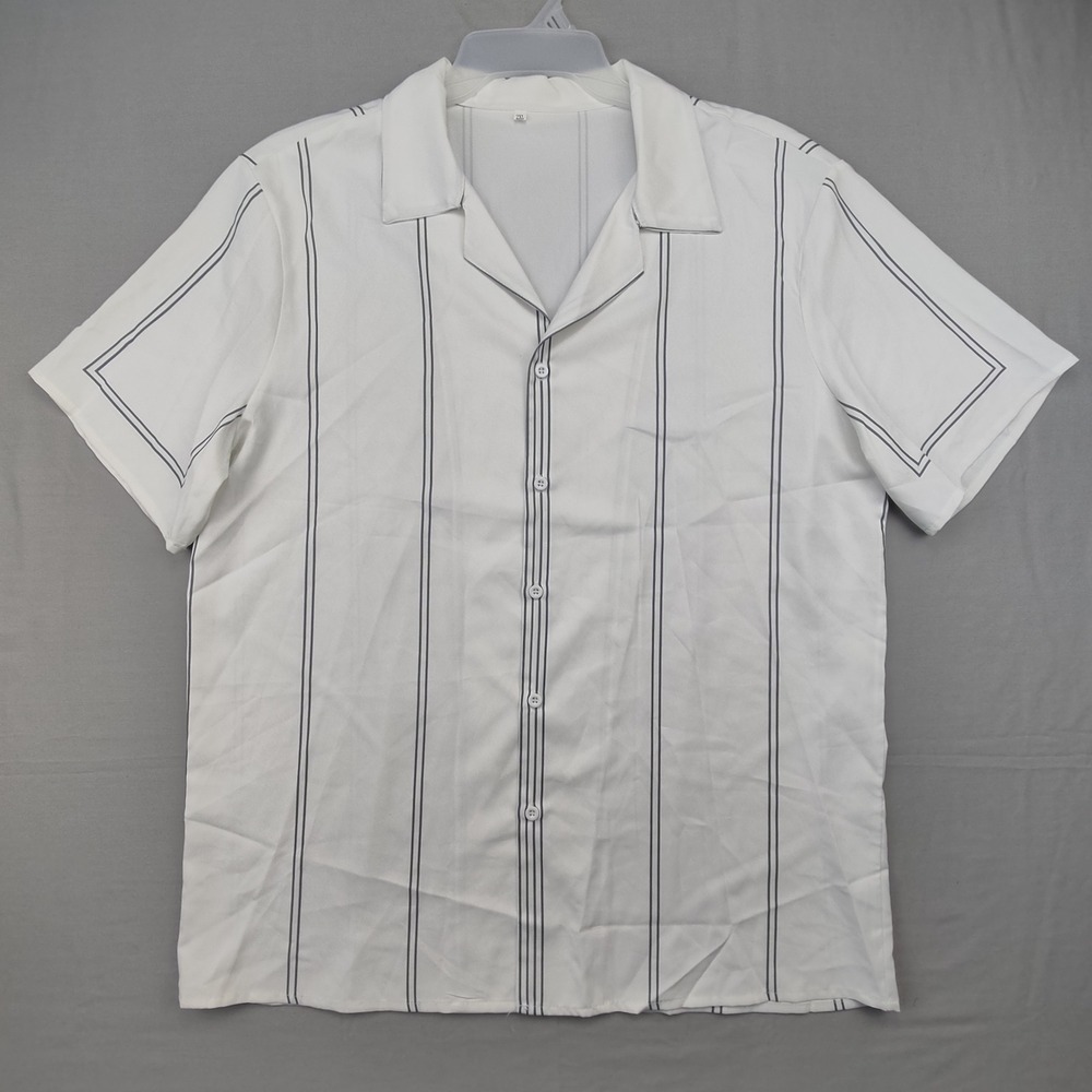 Unbranded Button Down Mens 2XL White Pinstripe Camp Collar Short Sleeve Shirt